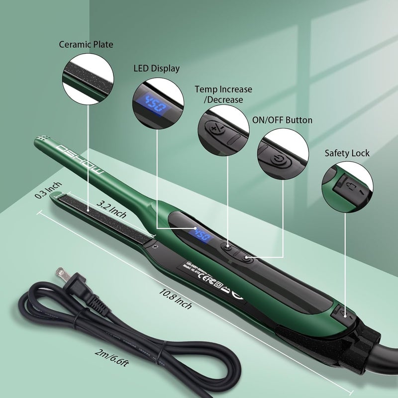 DSHOW Pencil Flat Iron, 3/10" Small Flat Irons for Short Hair, Pixie Cut and Bangs,Tourmaline Ceramic Mini Hair Straightener for Edges with Adjustable Temperature, Auto Shut Off (Green) - Image 4